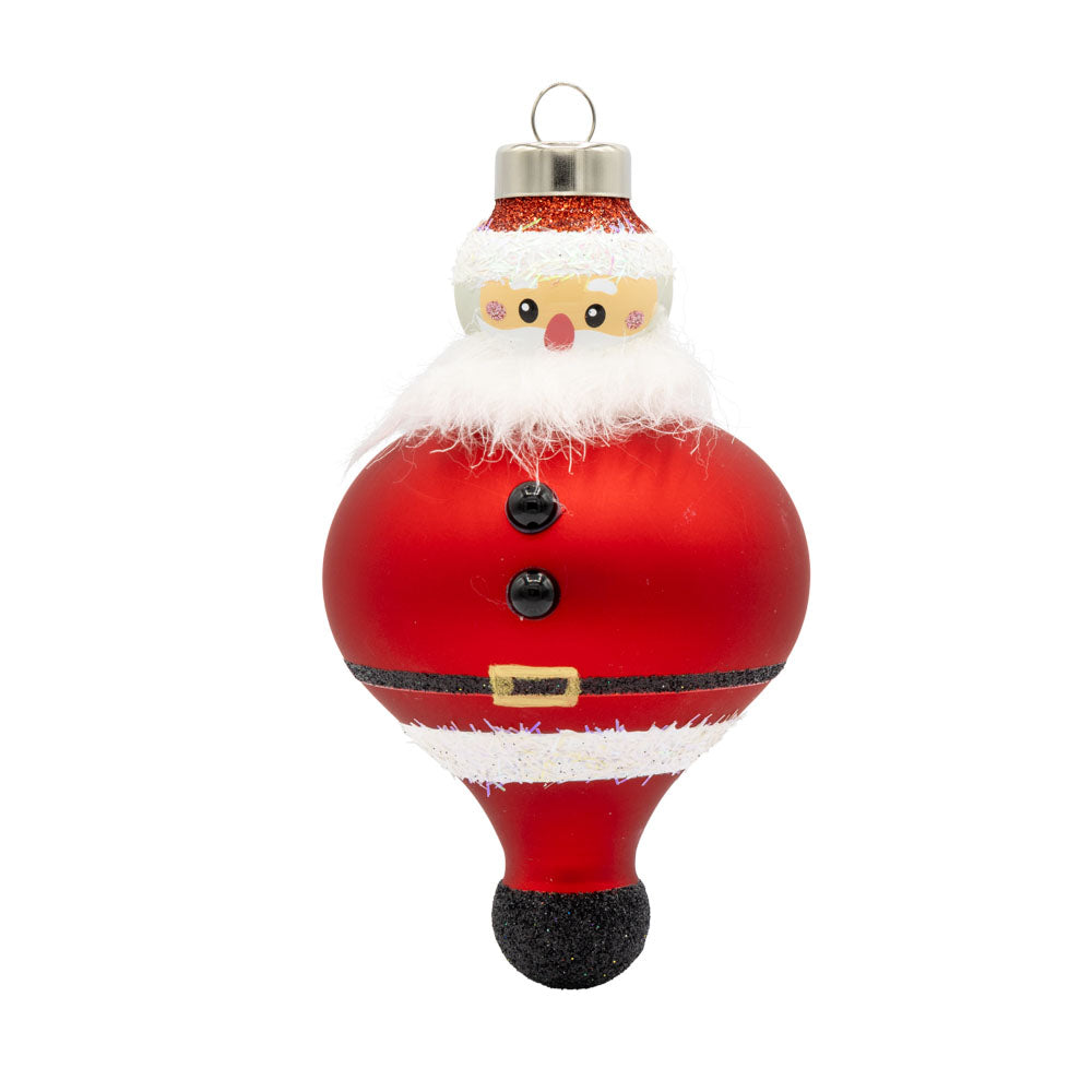 Jolly Santa ornament. Santa dons his classic red suit. View of front.