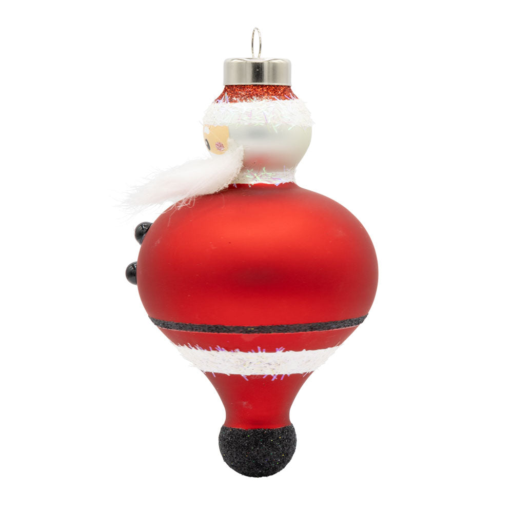 Jolly Santa ornament. Santa dons his classic red suit. View of right side.