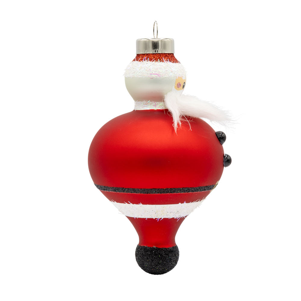 Jolly Santa ornament. Santa dons his classic red suit. View of left side.
