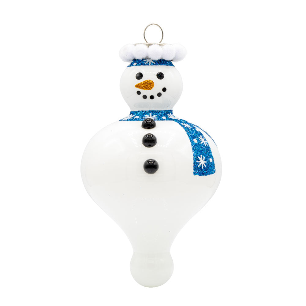Adorable Snowman ornament. This snowman wears a blue snow flaked scarf and hat. View of front.