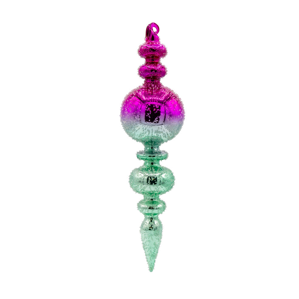 Ombré Finial ornament. Ombre pink and teal finial shape. View of front.
