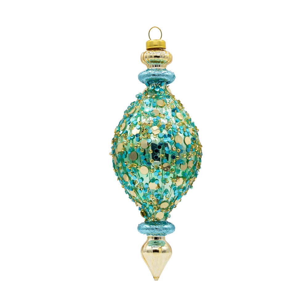 Coastal Geometric Shape ornament. Blue and gold beads and sequins adorn this geometric shape. View of front.