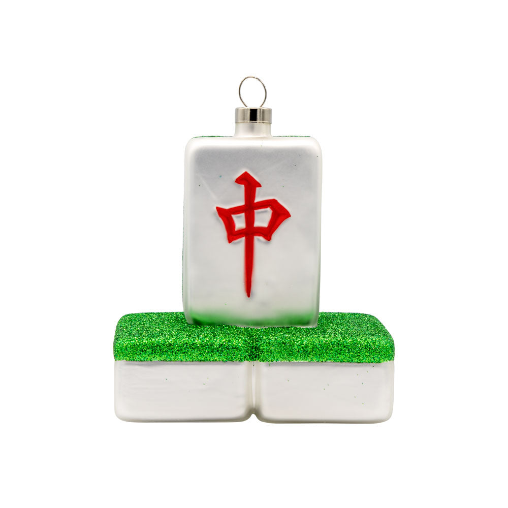 I Love Mahjong! ornament. A mahjong tile is stacked atop two others. View of front.