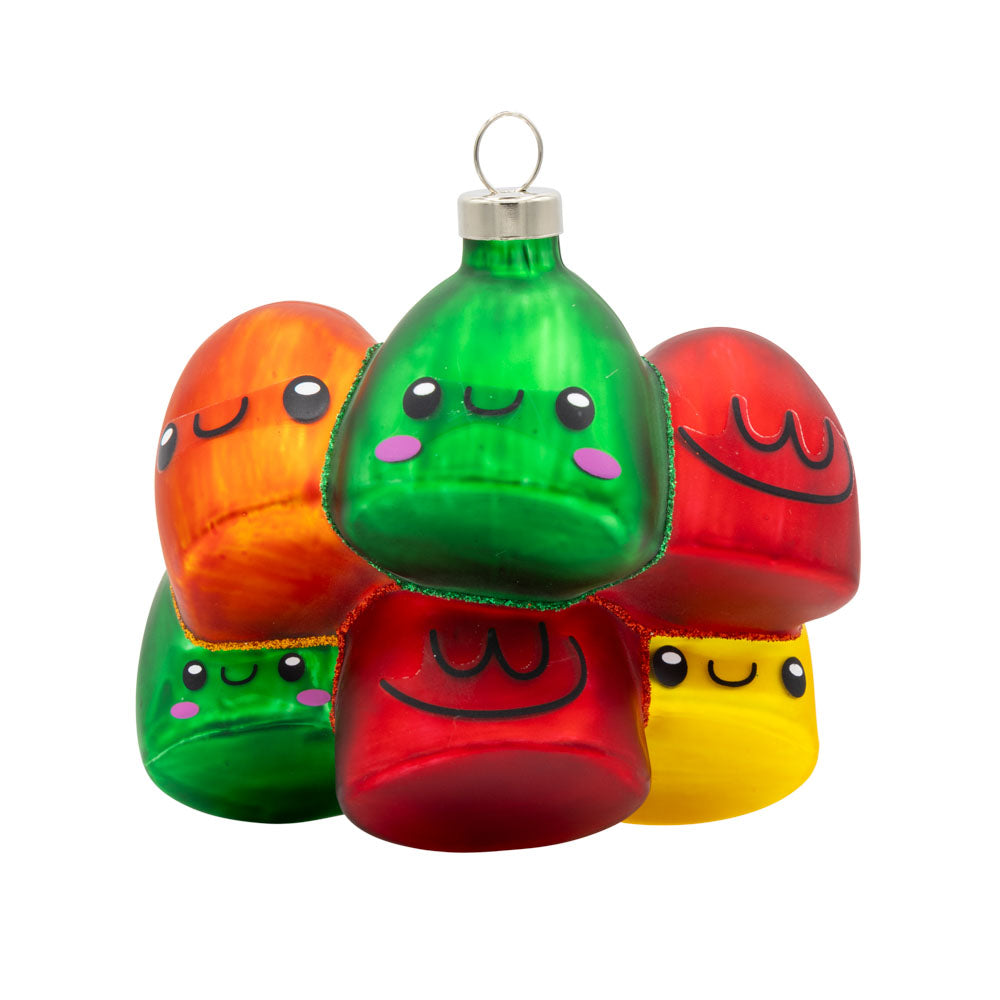 This Joyous DOTS Candy Ornament features six individual DOTS in various colors with smiley faces on them, viewed from front.