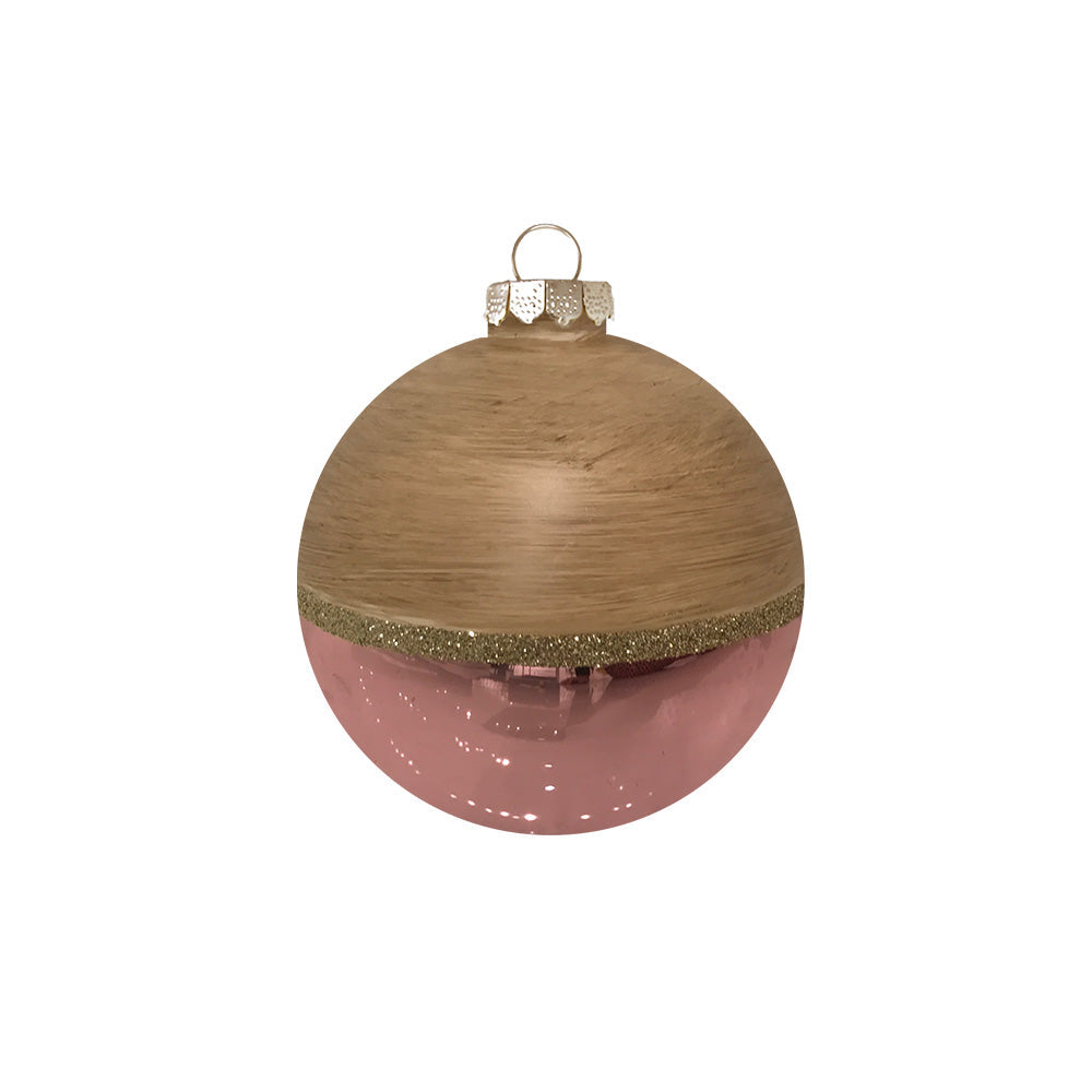 Half in shiny bronze and half in supple wood finish, this glass round is completed with a wrapping of twinkling gold glitter.