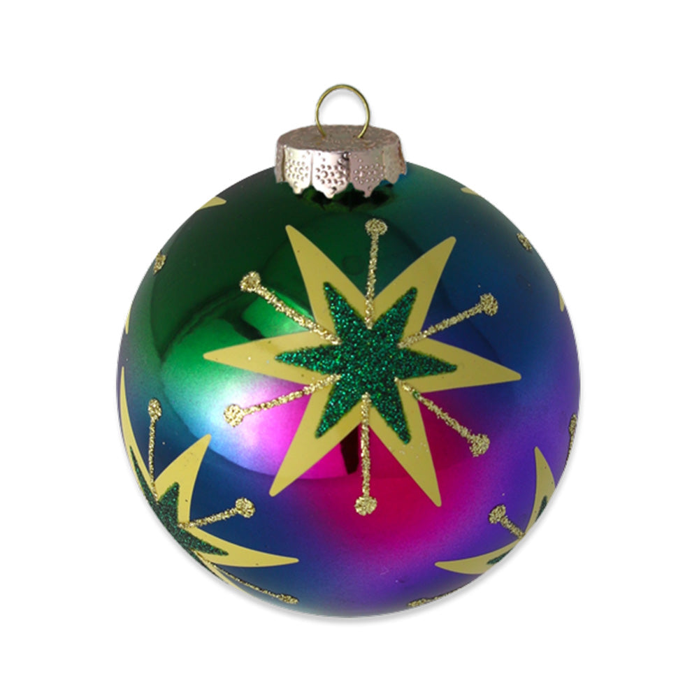 With an eye on
the galaxy, this airbrushed glass round features gold stars that sparkle with
green and gold glitter.
