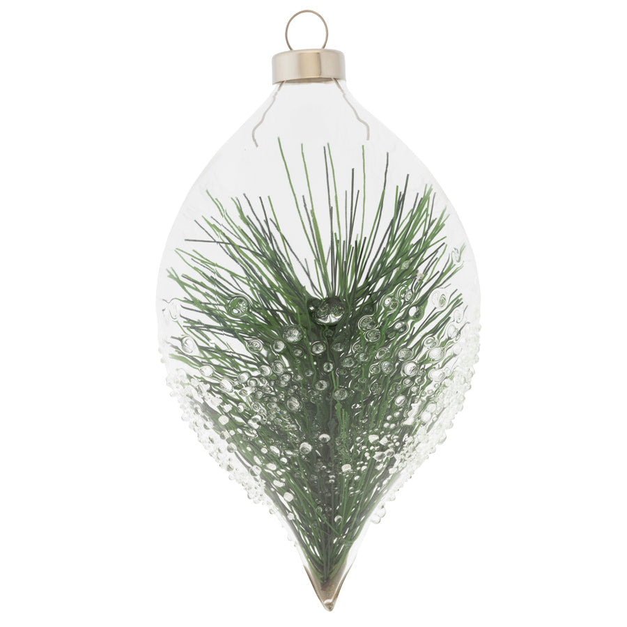 The beautiful faux pine branch encased inside this dimpled tulip glass bauble adds a sophisticated outdoor feel to your Christmas décor.