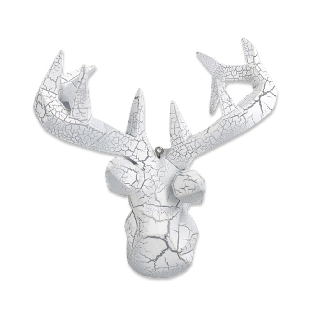 White Reindeer ornament. A white reindeer head made out of shatterproof resin that creates an overall cracked appearance. View of back.