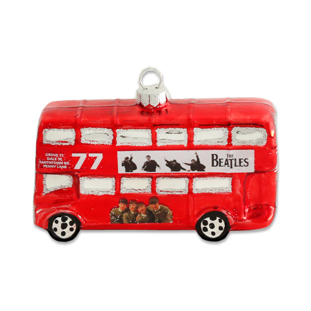 The Beatles Red London Bus ornament. Red double-decker bus with photos of The Beatles. View of front.
