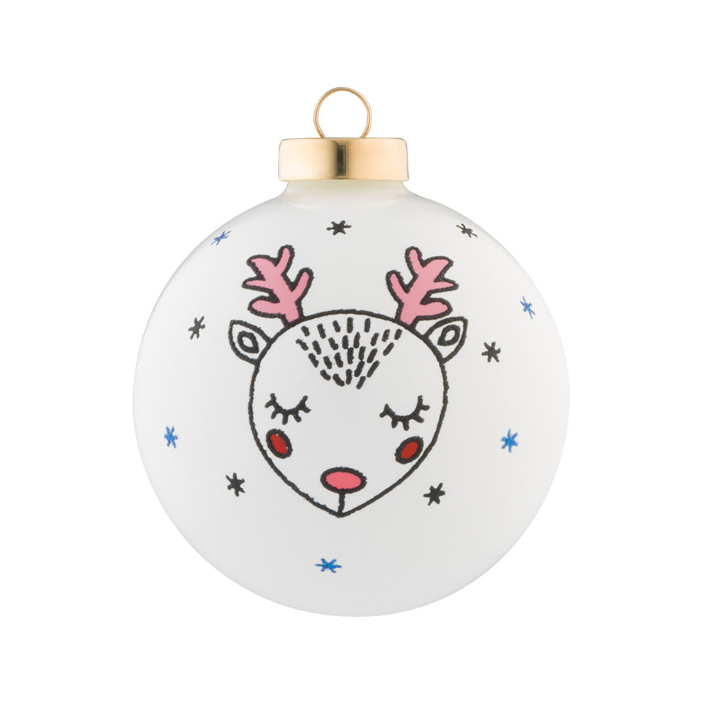 This white shiny round is adorned with a cute little rosy cheeked reindeer and a gold smooth modern cap.