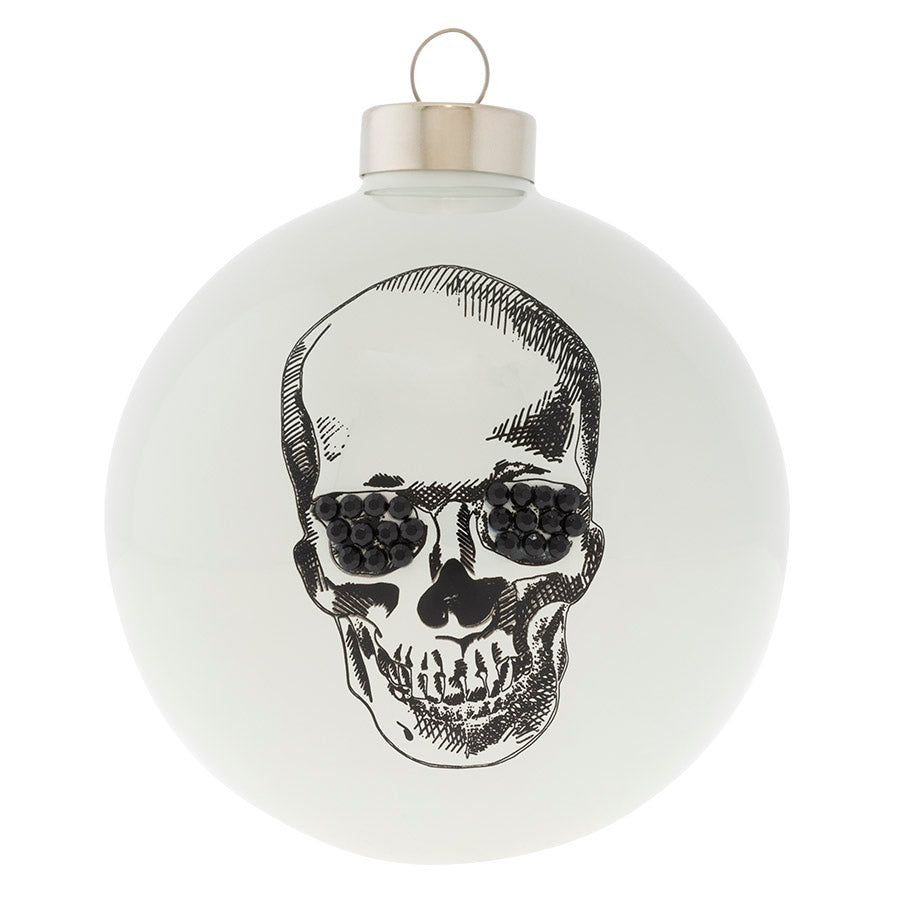 With black jeweled eyes, this skull glass ornament will add some edge to your decor this holiday season.