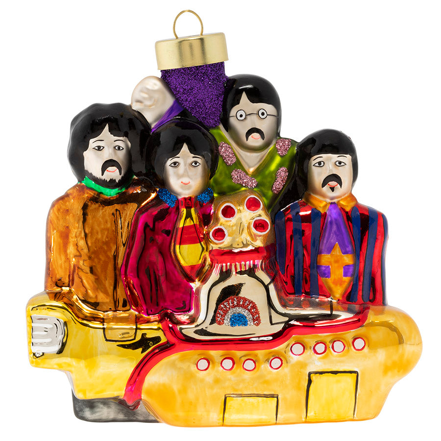 Yellow Submarine with The Beatles ornament. John, Paul, George and Ringo are seen with the yellow submarine. View of front.