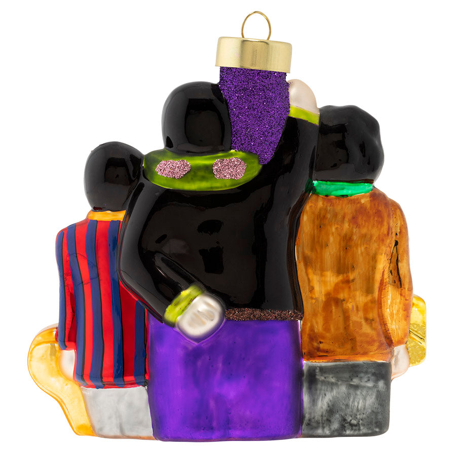 Yellow Submarine with The Beatles ornament. John, Paul, George and Ringo are seen with the yellow submarine. View of back.
