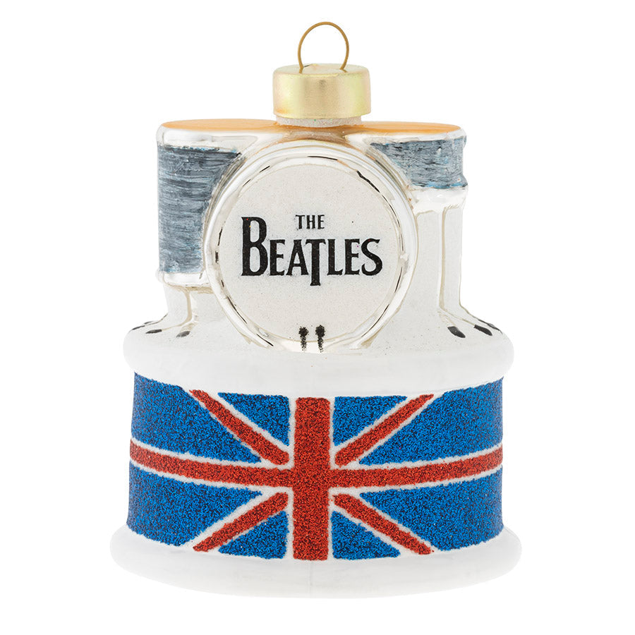 The British Invasion is here! Ringo's iconic drum set seen on the screens of TV's from all around the world is commemorated in this stunning glass ornament.