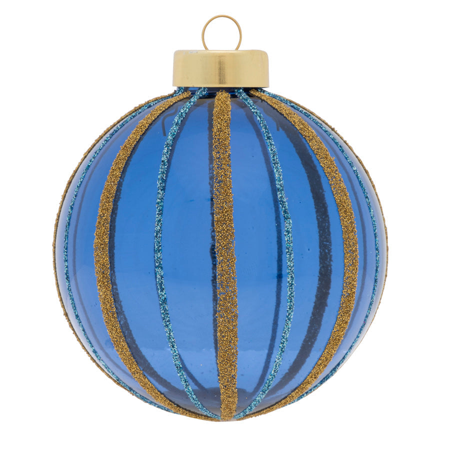 This translucent blue glass round is detailed with vertical stripes of gold glitter and microbeads.
