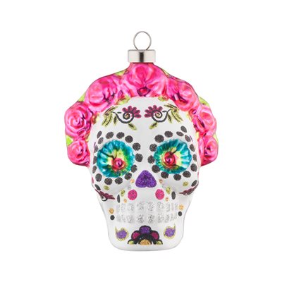 Dia de Los Muertos Rose Skull ornament. A decorated Dia de los Muertos white glass skull accented with a pink rose crown. View of front.