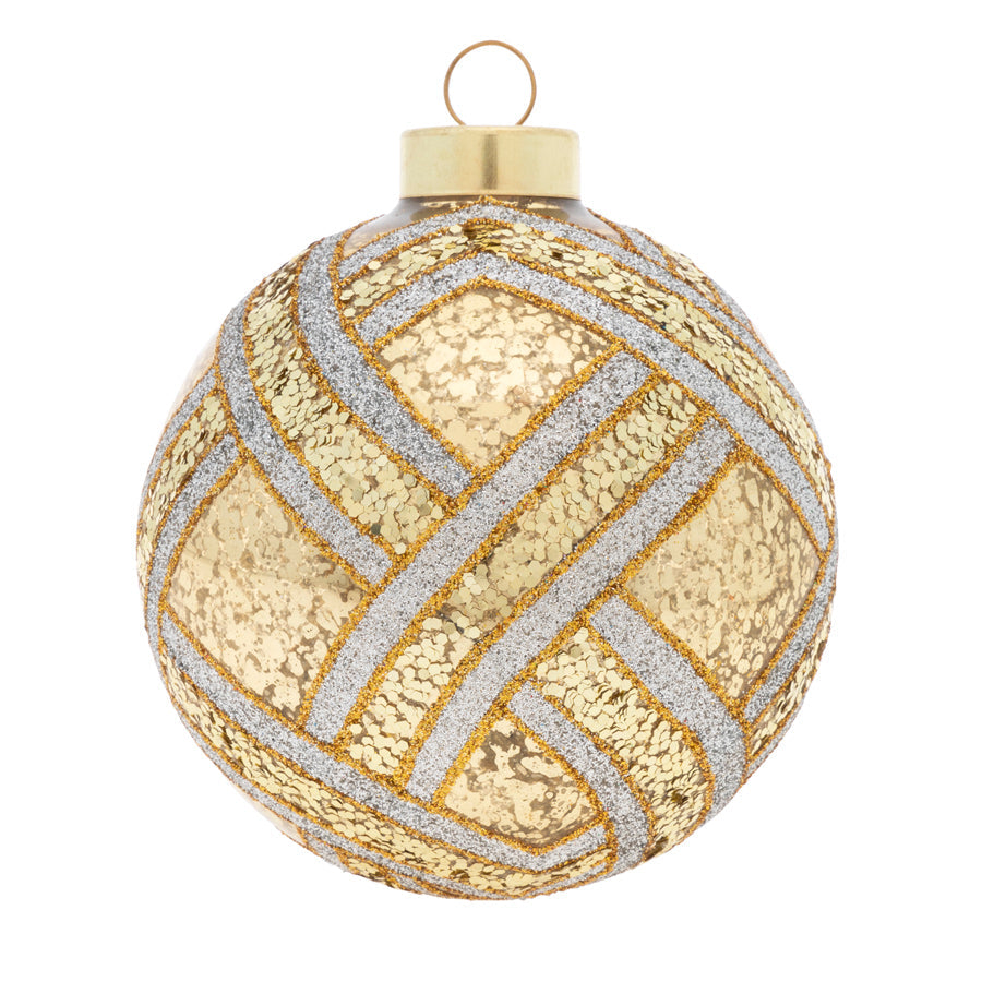 Our intricate glitter interlocking pattern skillfully covers the beautiful gold acid finished round.