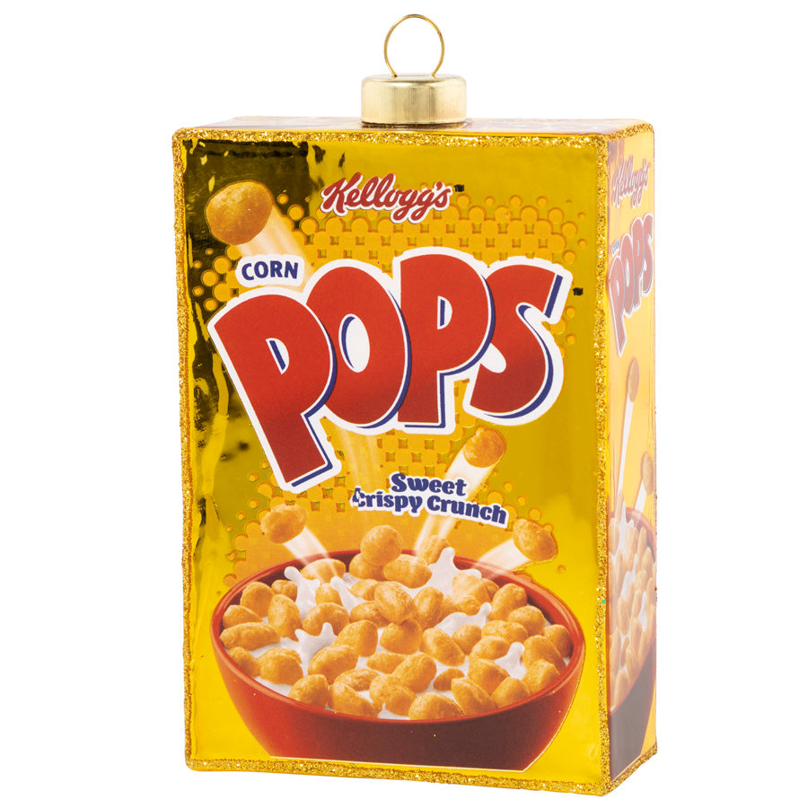 Corn Pops Cereal Box ornament. Kellogg's Pops cereal box with gold detailing. View of front.