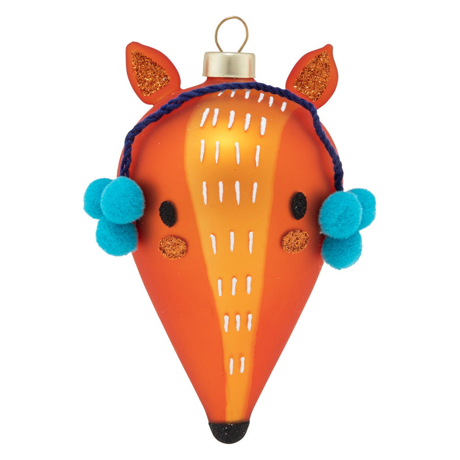 Our sweet caramel and butterscotch colored deer is ready for the snow with a pair of cozy blue pom-pom earmuffs.
