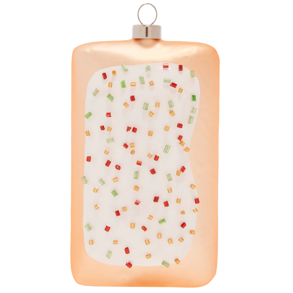 Crunchy, sweet nostalgia- this Pop-Tart shaped ornament is extra sparkly with tiny glass bead “sprinkles.”