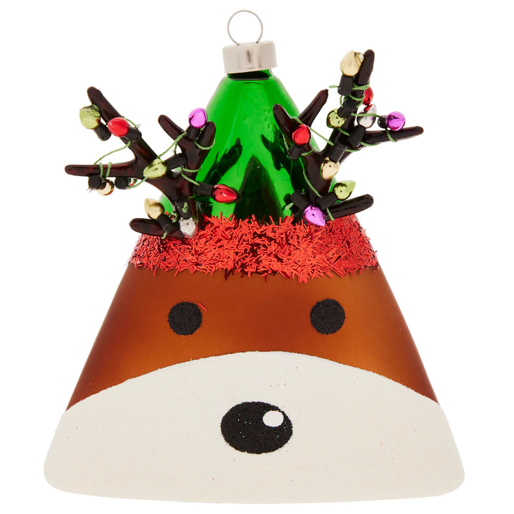 This triangle-shaped reindeer is decked out with shining lights in his antlers.