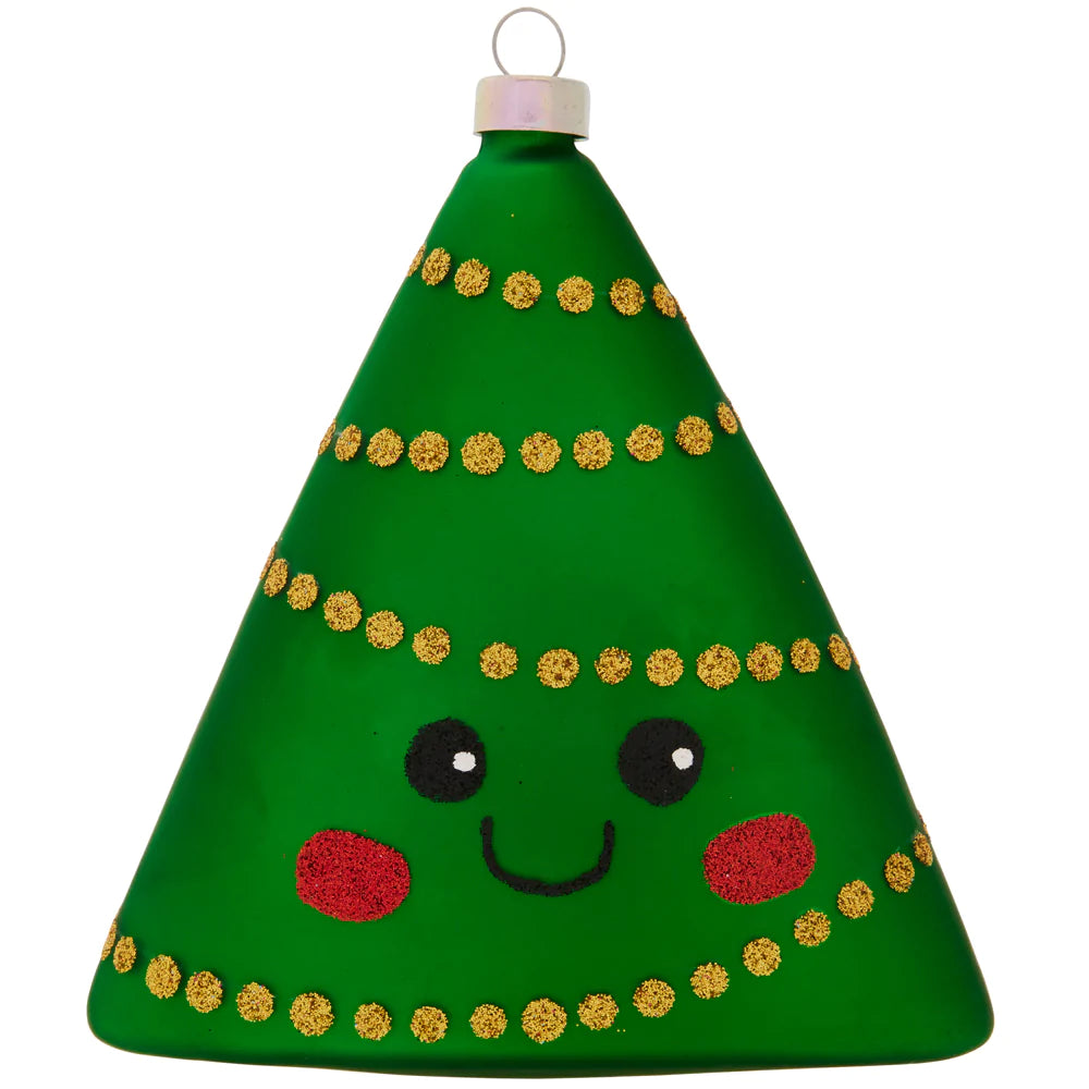 This triangular tree is celebrating Christmas with gold tinsel and a cute smile!