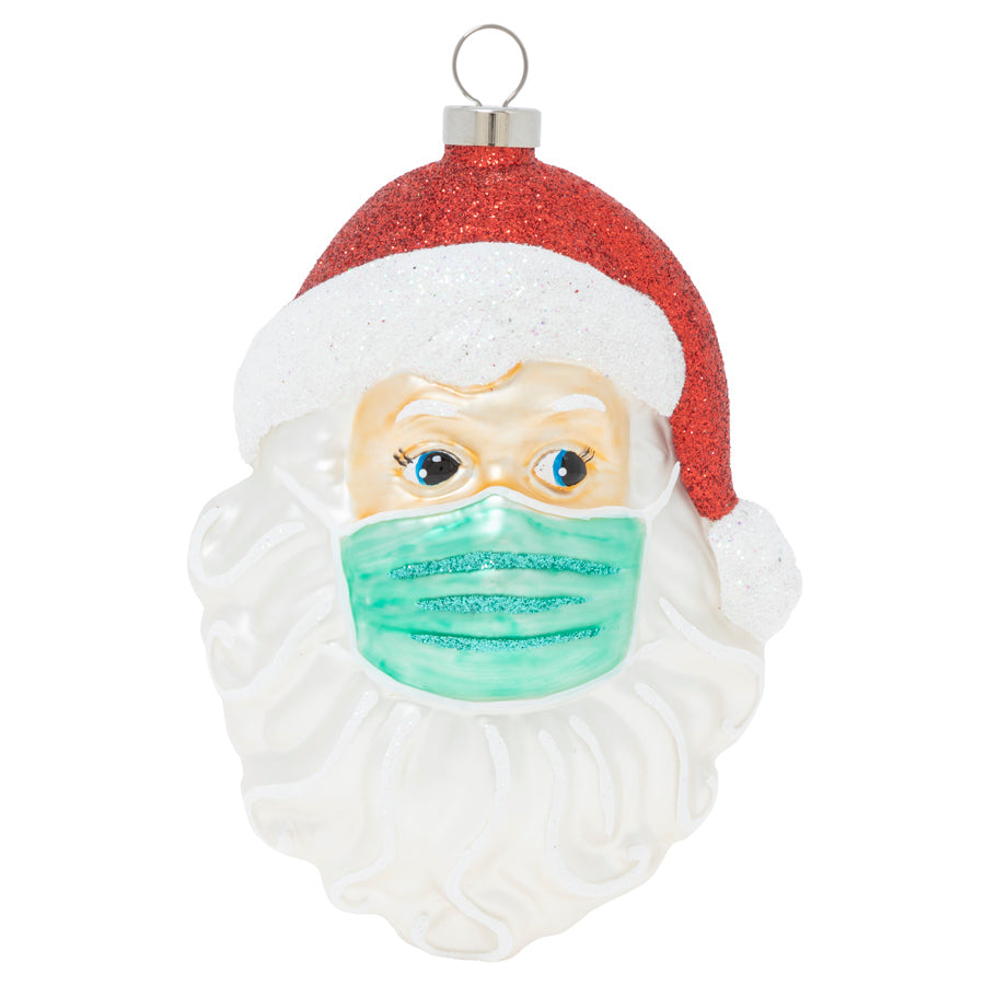 Dr. Claus ornament. Santa wears a blue medical mask. View of front.