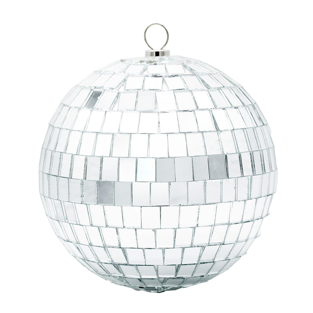 Holiday Disco ornament. This disco ball is adorned with reflective pieces of glass. View of front.