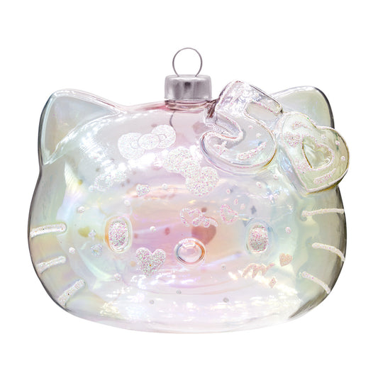 50 Years of Hello Kitty ornament. A translucent Hello Kitty head with sparkling pink and white details. View of front. 