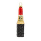 Festive Red Lipstick ornament. A stick of red lipstick with a black geometric patterned base. View of back.