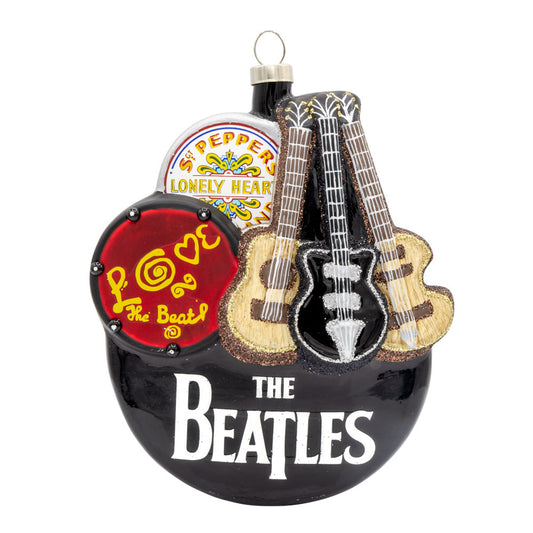 Beatles Rocking Holiday ornament. Black ornament featuring The Beatles guitars and drums. View of front.