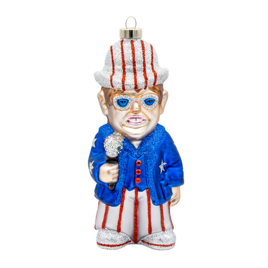 Patriotic Elton John ornament. Elton John dressed in a patriotic American outfit. View of front. 