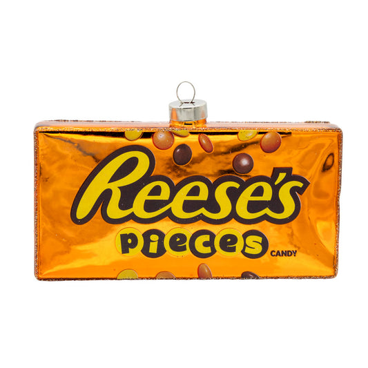 REESE'S PIECES Candy Box ornament. Orange REESE'S PIECES candy box. View of front. 