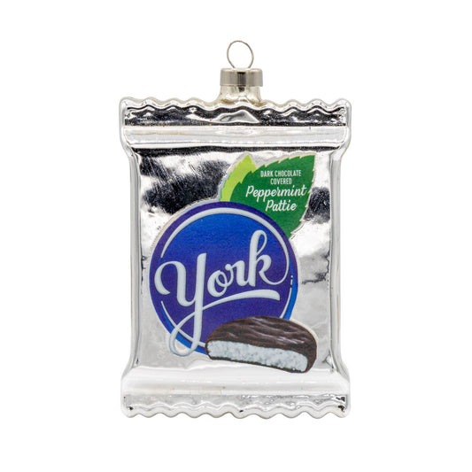 YORK Peppermint Pattie ornament. Silver YORK peppermint Pattie packing. View of front.