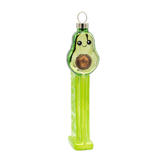 This ornament features an Avocado PEZ Dispenser with a smiley face. Viewed from front. 