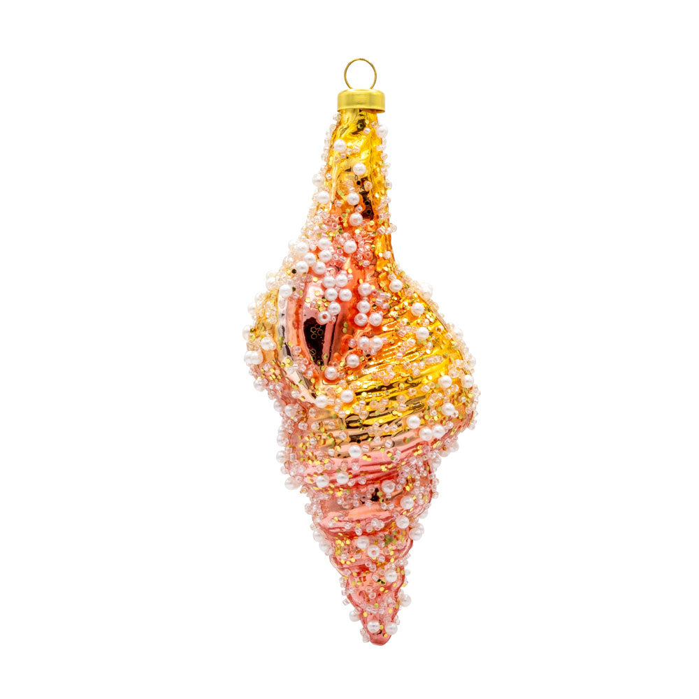 Conch Shell ornament. This yellow and pink shell is adorned with white beads and pearls. View of front. 