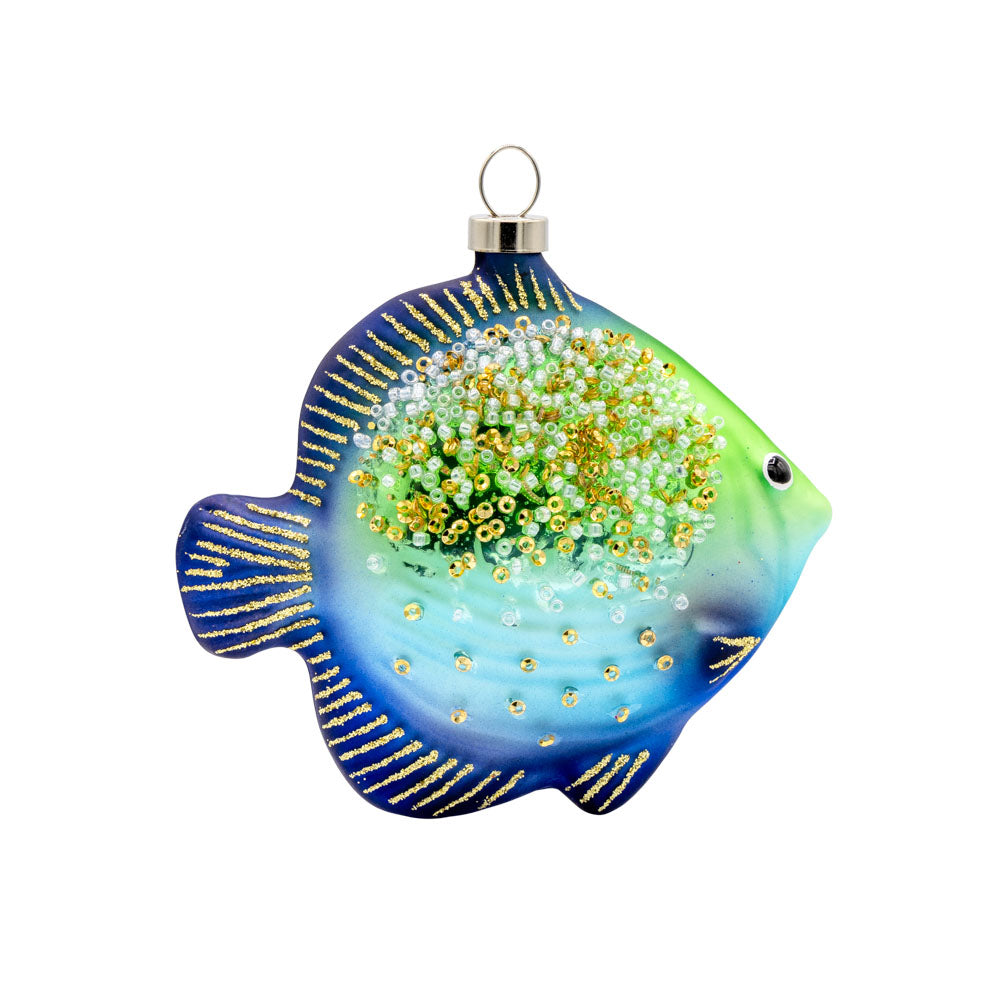 Sparkle Fish ornament. Glitter and bead details are seen on this blue and green fish. View of back.