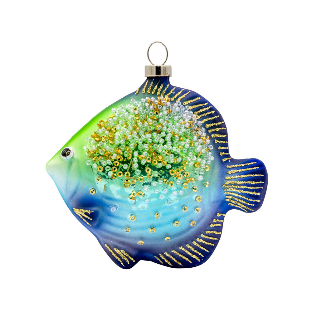 Sparkle Fish ornament. Glitter and bead details are seen on this blue and green fish. View of front. 