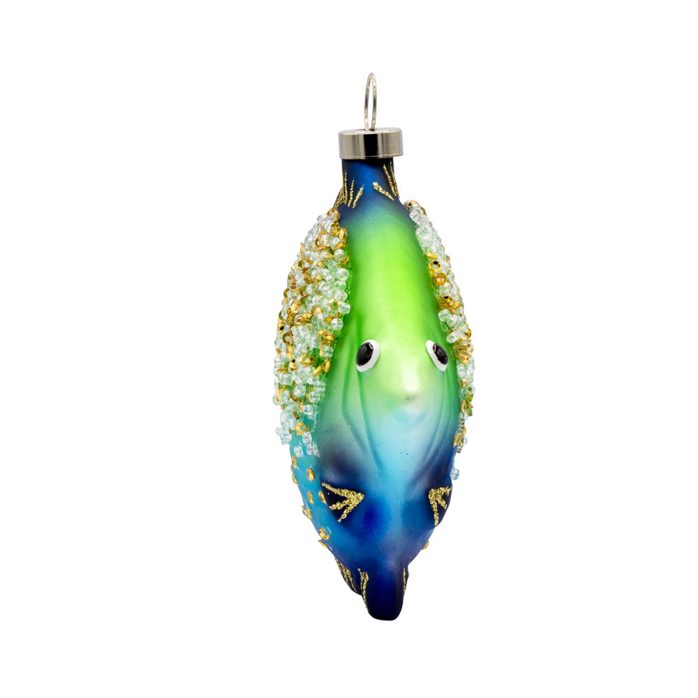 Sparkle Fish ornament. Glitter and bead details are seen on this blue and green fish. View of left side.