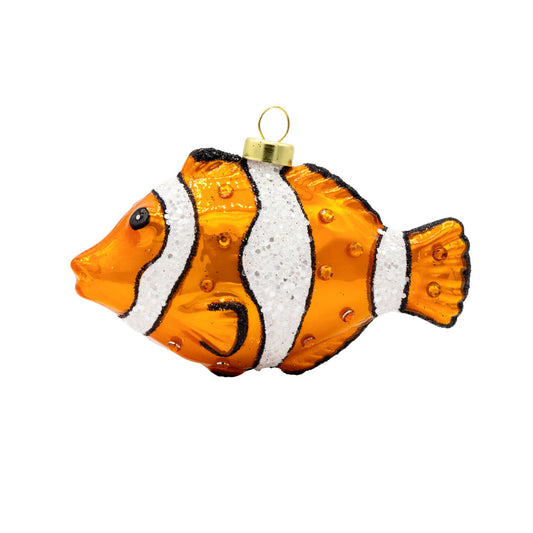 Clown Fish ornament. An orange and black clown fish with white beaded stripes. View of front. 