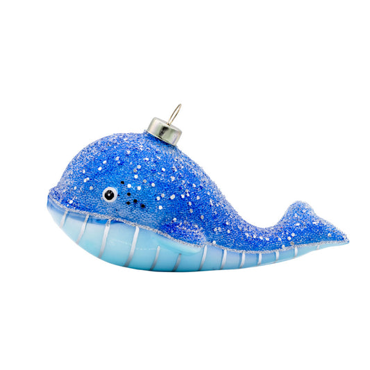 Blue Whale ornament. This whale has blue beads covering the top side and painted silver lines on the underside. View of front. 