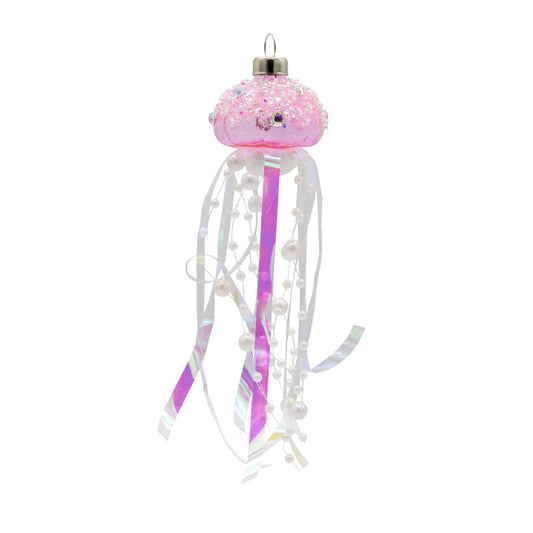 Jeweled Jellyfish ornament. A pink jellyfish covered in beads and gems. The tentacles are made of iridescent ribbons and strands of pearls. View of front. 