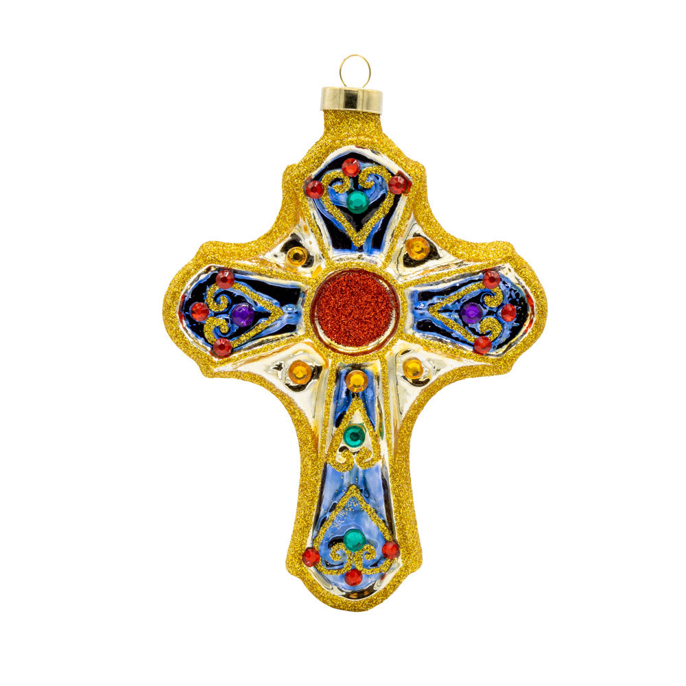 Jewel Cross ornament. This jeweled gold cross features colorful gems and gold glitter. View of front. 