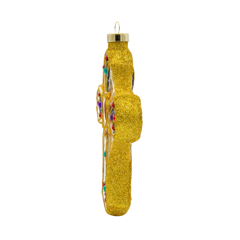 Jewel Cross ornament. This jeweled gold cross features colorful gems and gold glitter. View of right side. 