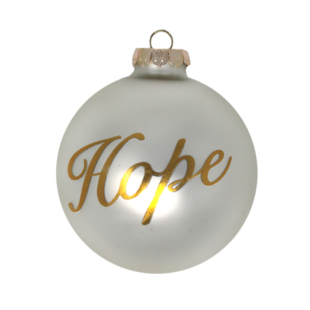 A beautiful glass round with a smooth satin finish is embellished with a delicately scripted golden foiled "Hope".