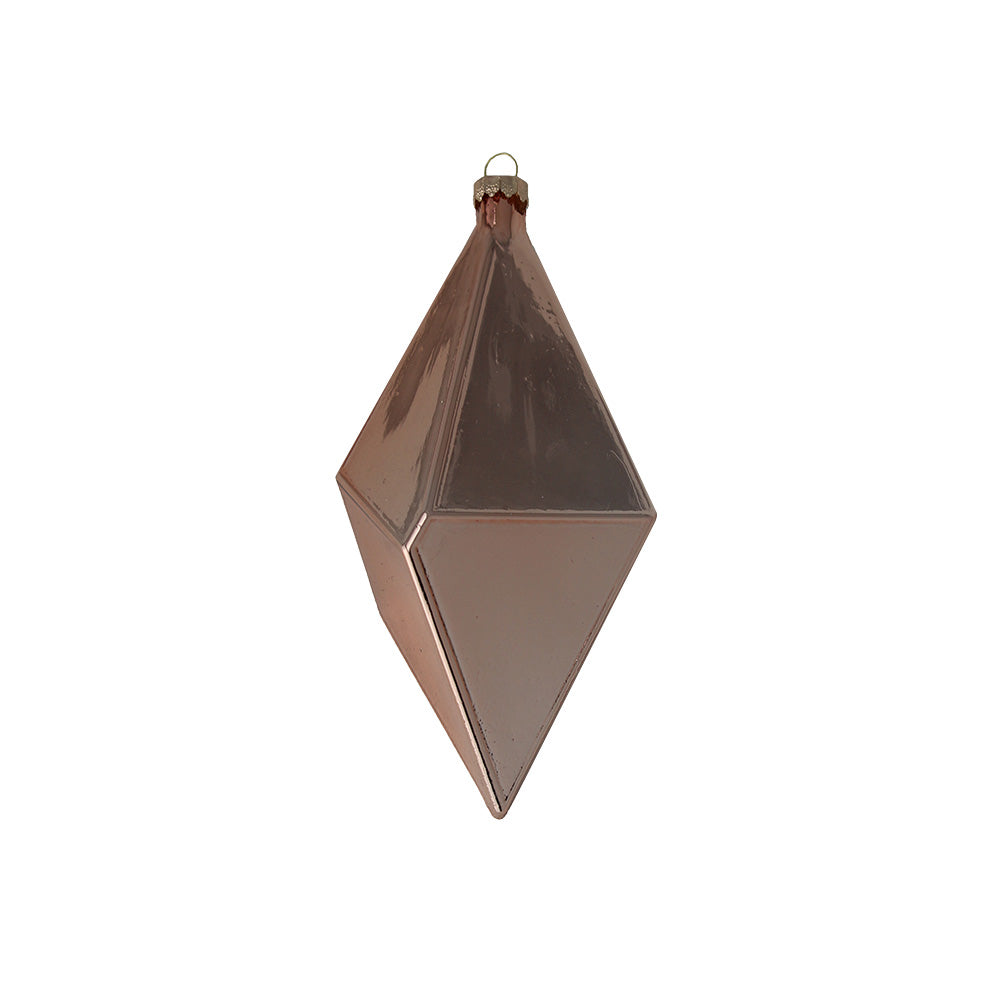The simplicity of the geometric diamond design for this stunning glass ornament is heightened by the lustrously silky finish.