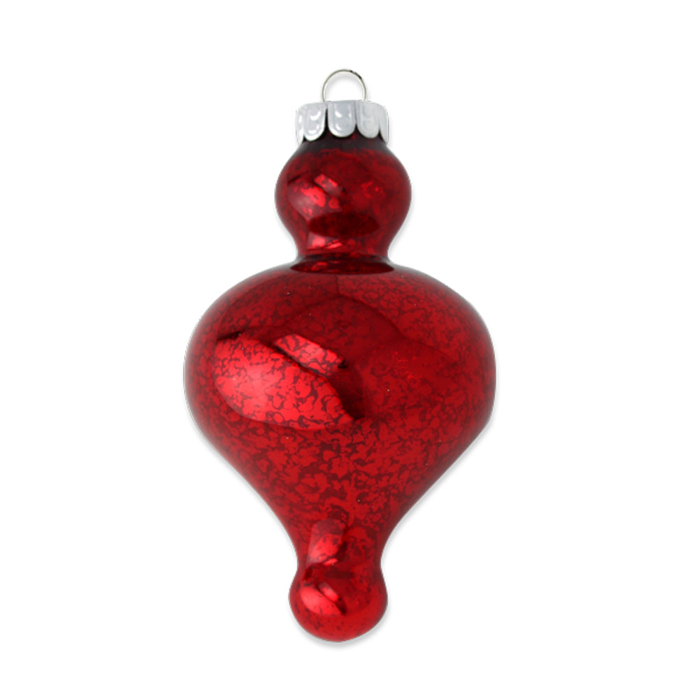 The the mercury finish of this deep crimson glass finial ornament provides an exquisite antiqued appearance.