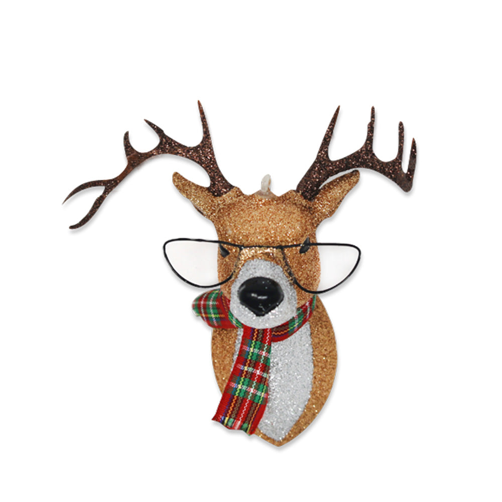 Made of resin,
this shimmering reindeer is ready to curl up in front of the fireplace with
his favorite book in his wire glasses and tartan scarf.