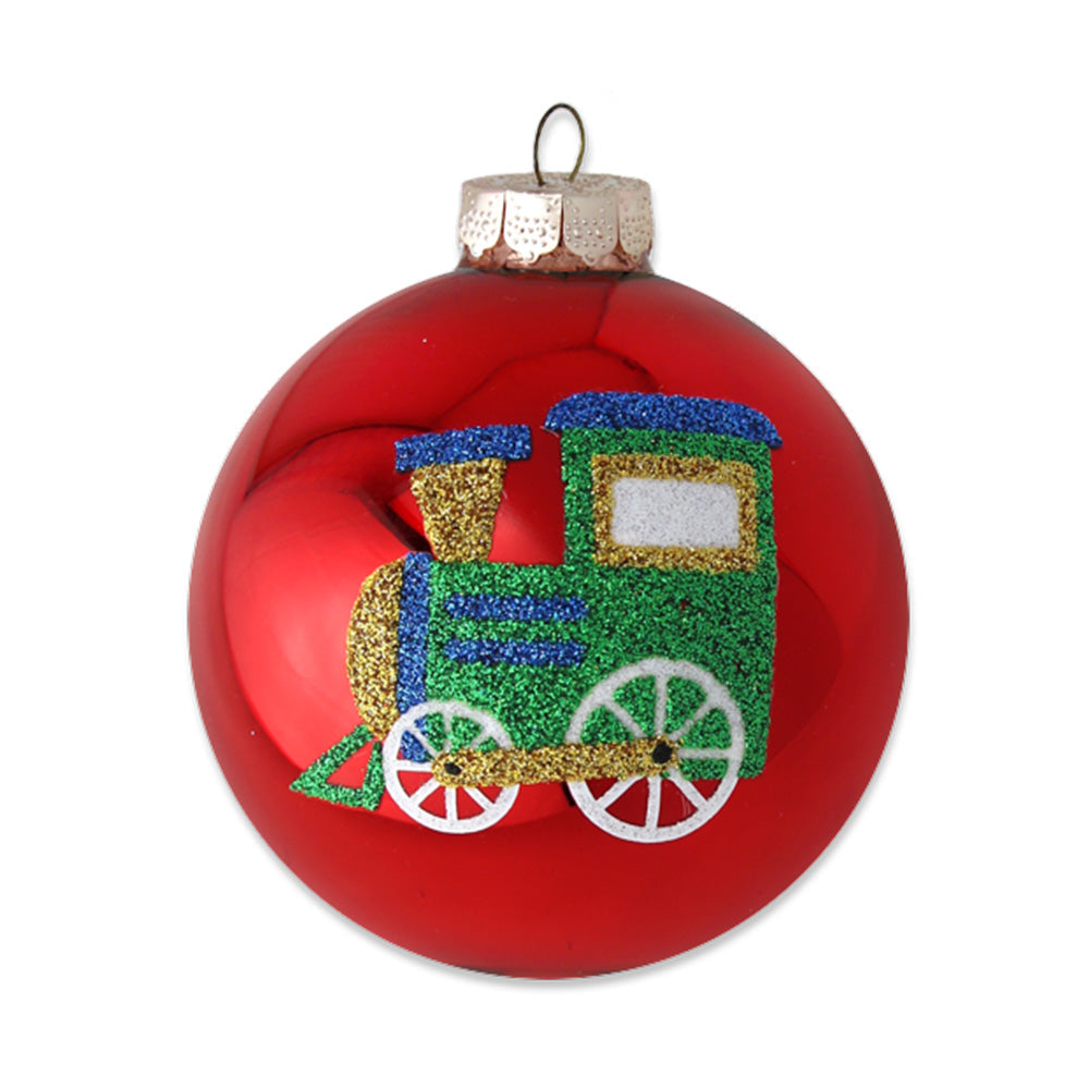 Choo-chooing its
way through the holidays, this train is glitzed in glitter and adorns this
sprightly red glass round.