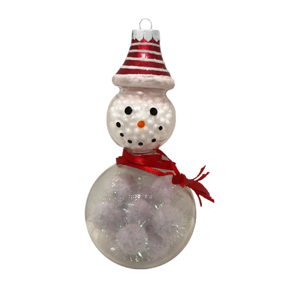 Filled with
glittered puffs and delicate beads, this cheery snowman is wrapped in a red
scarf and topped with a matching pink striped hat.